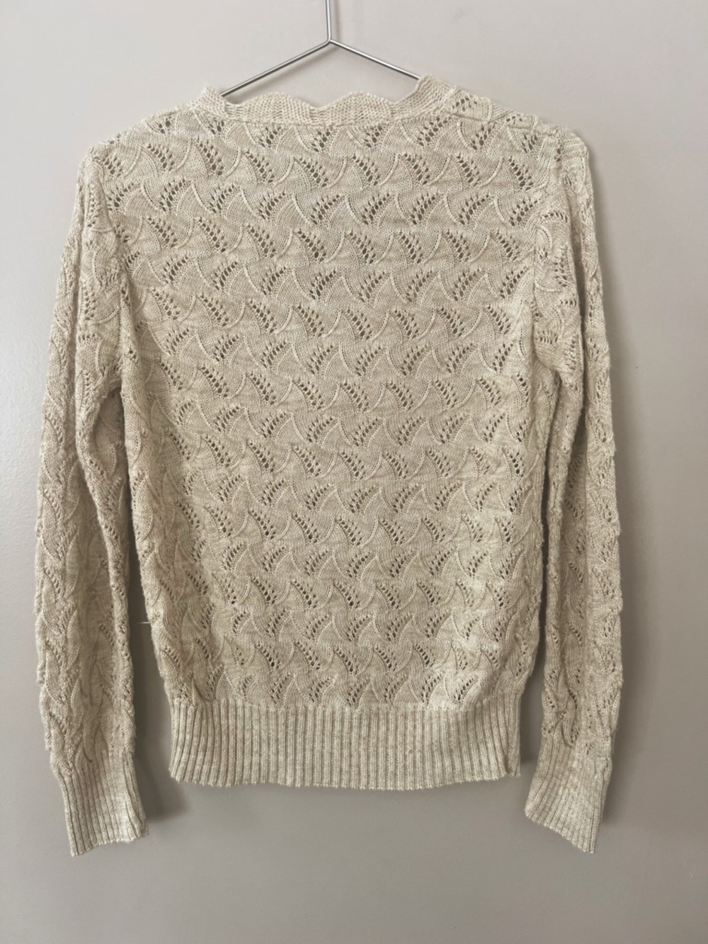 Cream Open Knit Lace Sweater Tie Neck Cottagecore Boho Top Medium - Picture 8 of 10